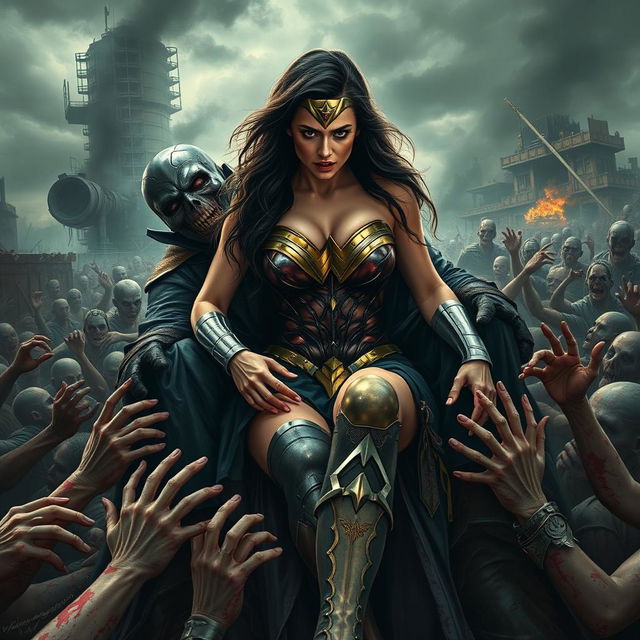 A terrified and busty depiction of a superheroine resembling Gal Gadot's Wonder Woman, showcasing big cleavage and a curvaceous figure, with her clothes affected by the turmoil of an apocalypse