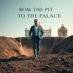 An inspiring and visually striking image of a man who has recently emerged from a dusty pit, now standing confidently as he strides toward a resplendent palace in the background