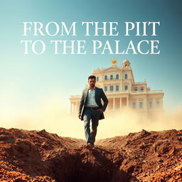 An inspiring and visually striking image of a man who has recently emerged from a dusty pit, now standing confidently as he strides toward a resplendent palace in the background