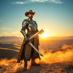 A heroic paladin cowboy standing proudly in a vast western landscape