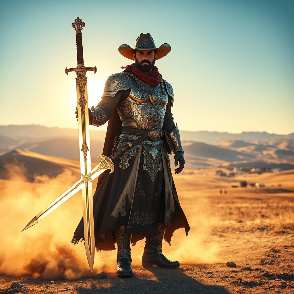 A heroic paladin cowboy standing proudly in a vast western landscape