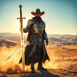 A heroic paladin cowboy standing proudly in a vast western landscape