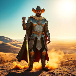 A heroic paladin cowboy standing proudly in a vast western landscape