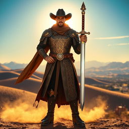 A heroic paladin cowboy standing proudly in a vast western landscape