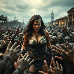 A terrified and busty depiction of a superheroine resembling Gal Gadot's Wonder Woman, showcasing big cleavage and wearing tattered clothes that reflect the dire circumstances of an apocalypse