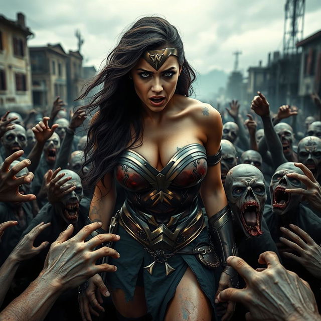 A terrified and busty depiction of a superheroine resembling Gal Gadot's Wonder Woman, showcasing big cleavage and wearing tattered clothes that reflect the dire circumstances of an apocalypse