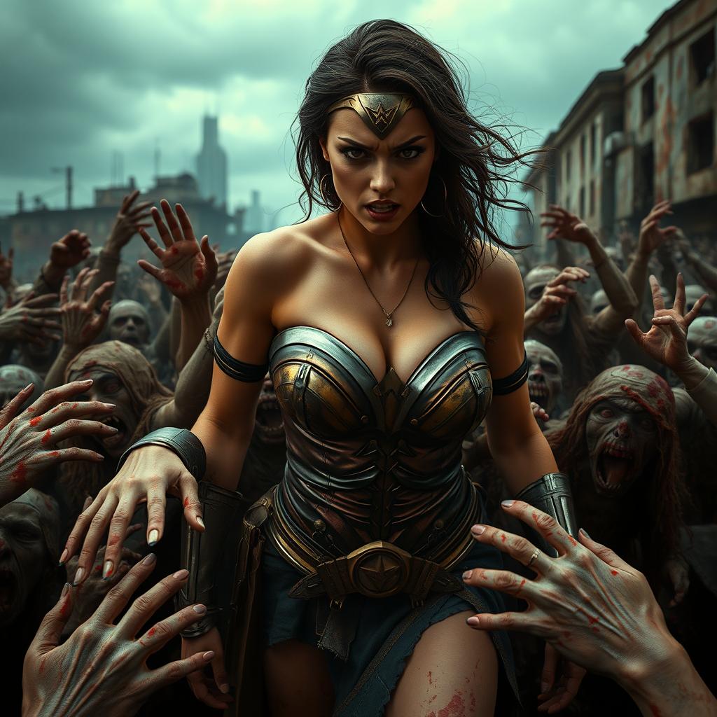 A terrified and busty depiction of a superheroine resembling Gal Gadot's Wonder Woman, showcasing big cleavage and wearing tattered clothes that reflect the dire circumstances of an apocalypse