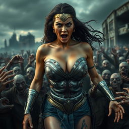 A terrified and busty depiction of a superheroine resembling Gal Gadot's Wonder Woman, showcasing big cleavage and wearing tattered clothes that reflect the dire circumstances of an apocalypse