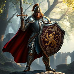 A heroic figure inspired by Arthurian legend, wielding a beautifully ornate sword and shield in an epic medieval setting