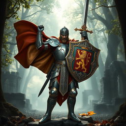 A heroic figure inspired by Arthurian legend, wielding a beautifully ornate sword and shield in an epic medieval setting