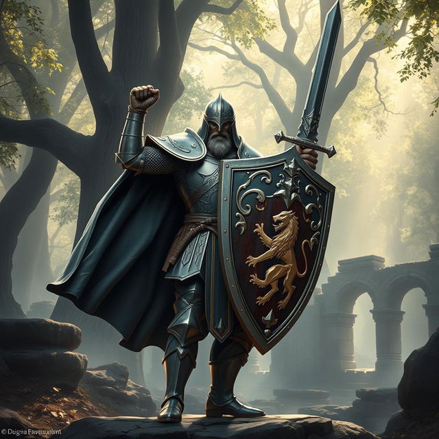 A heroic figure inspired by Arthurian legend, wielding a beautifully ornate sword and shield in an epic medieval setting