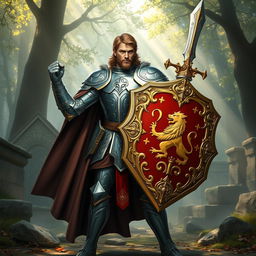 A heroic figure inspired by Arthurian legend, wielding a beautifully ornate sword and shield in an epic medieval setting