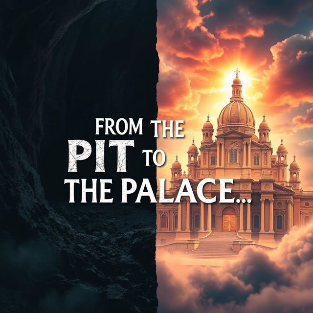 A visually stunning and motivational image that captures the essence of transformation, featuring the powerful phrase 'FROM THE PIT TO THE PALACE' prominently displayed in bold, artistic typography