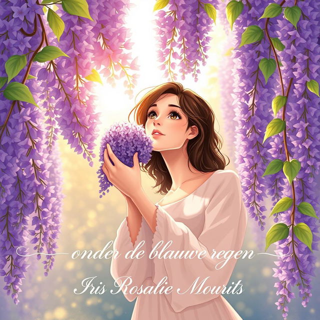 A beautiful illustration of a 27-year-old brunette woman with expressive brown eyes, standing gracefully around a blooming wisteria tree