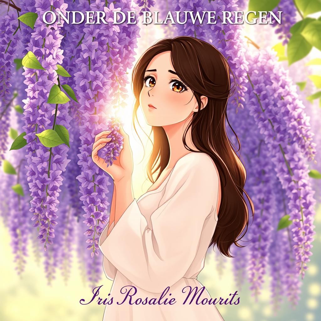 A beautiful illustration of a 27-year-old brunette woman with expressive brown eyes, standing gracefully around a blooming wisteria tree