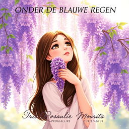 A beautiful illustration of a 27-year-old brunette woman with expressive brown eyes, standing gracefully around a blooming wisteria tree
