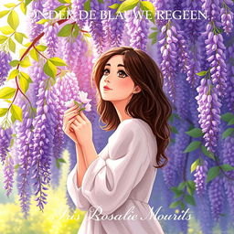 A beautiful illustration of a 27-year-old brunette woman with expressive brown eyes, standing gracefully around a blooming wisteria tree