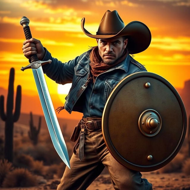 A fierce cowboy standing in a dramatic pose, wielding a sword in one hand and a shield in the other