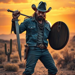 A fierce cowboy standing in a dramatic pose, wielding a sword in one hand and a shield in the other