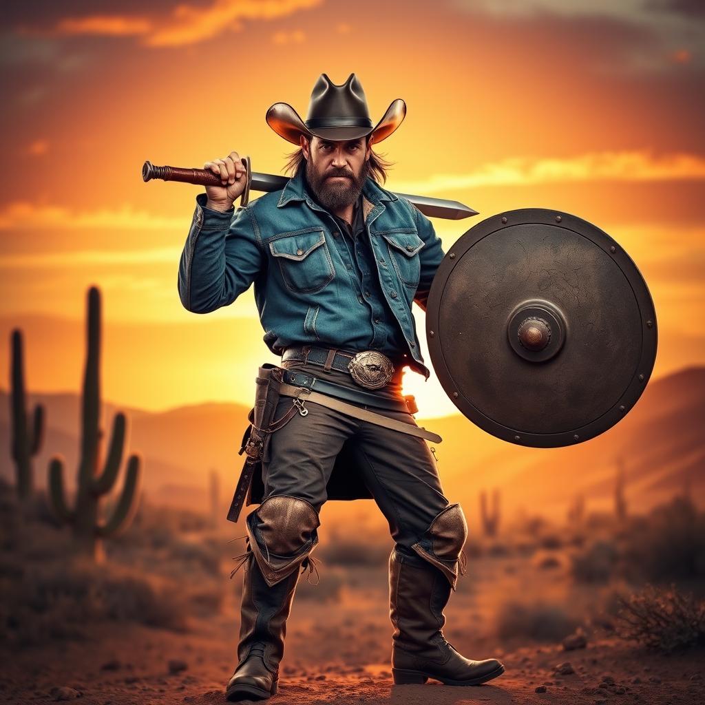 A fierce cowboy standing in a dramatic pose, wielding a sword in one hand and a shield in the other