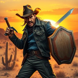A fierce cowboy standing in a dramatic pose, wielding a sword in one hand and a shield in the other
