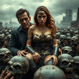 A terrified and busty portrayal of a superheroine resembling Wonder Woman with features like Emma Watson, showcasing big cleavage and wearing tattered clothes that reflect her perilous situation