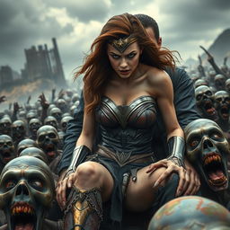A terrified and busty portrayal of a superheroine resembling Wonder Woman with features like Emma Watson, showcasing big cleavage and wearing tattered clothes that reflect her perilous situation
