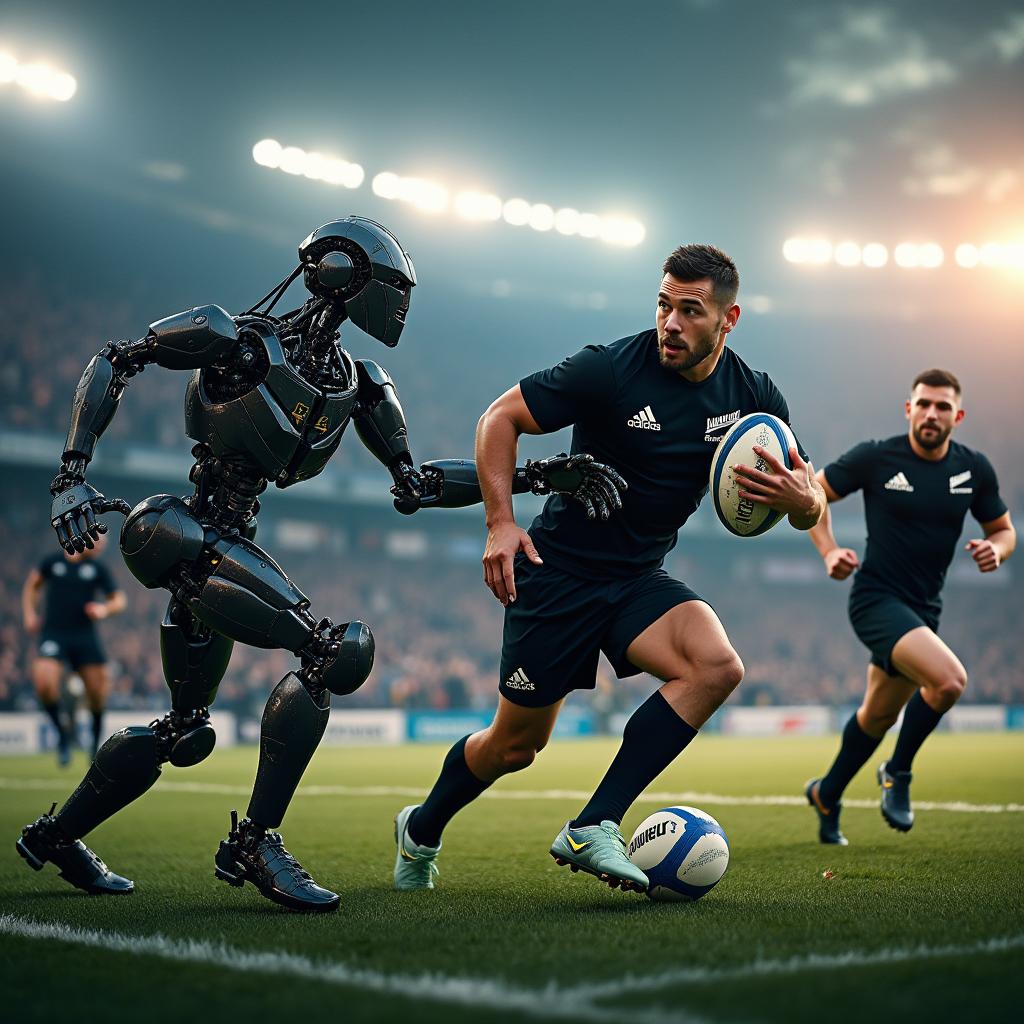 An action-packed scene depicting the All Blacks rugby team in an intense match against robotic opponents