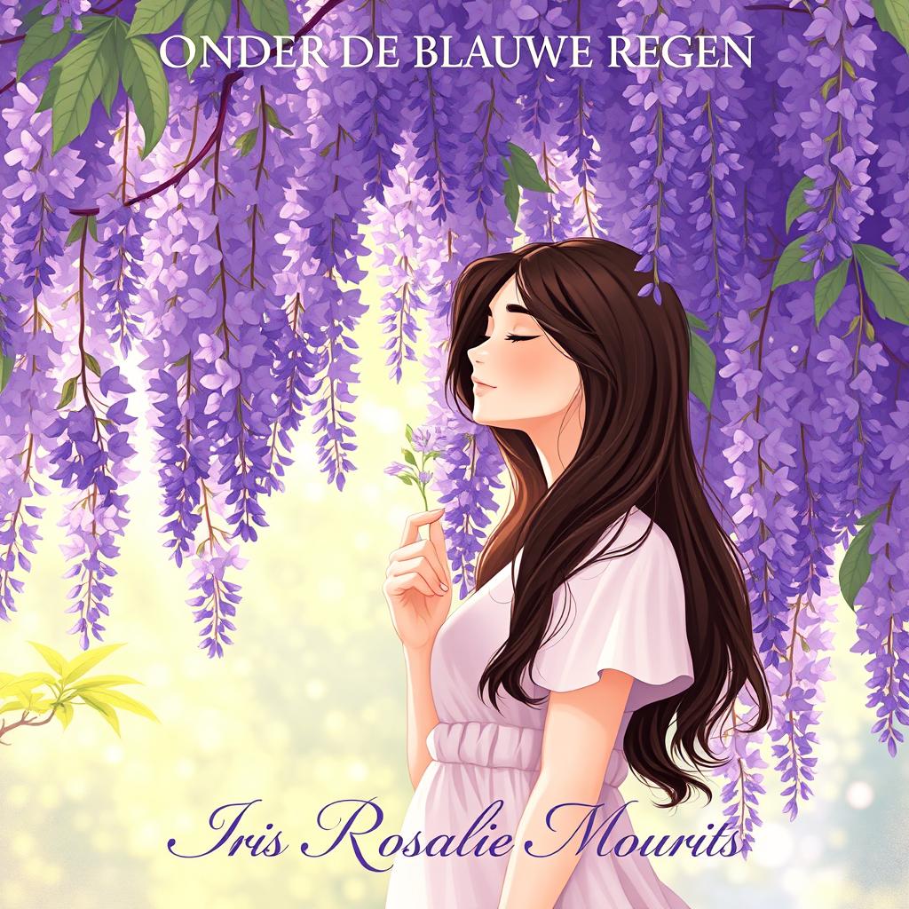 A captivating illustration of a 27-year-old brunette woman with her eyes closed, immersed in the fragrant beauty of a wisteria tree