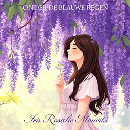 A captivating illustration of a 27-year-old brunette woman with her eyes closed, immersed in the fragrant beauty of a wisteria tree