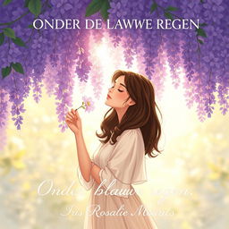 A captivating illustration of a 27-year-old brunette woman with her eyes closed, immersed in the fragrant beauty of a wisteria tree