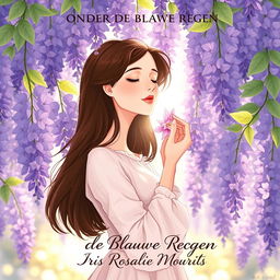 A captivating illustration of a 27-year-old brunette woman with her eyes closed, immersed in the fragrant beauty of a wisteria tree