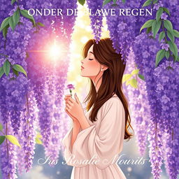 A captivating illustration of a 27-year-old brunette woman with her eyes closed, immersed in the fragrant beauty of a wisteria tree