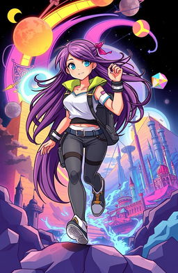 A vibrant illustration of a young woman traveling through time
