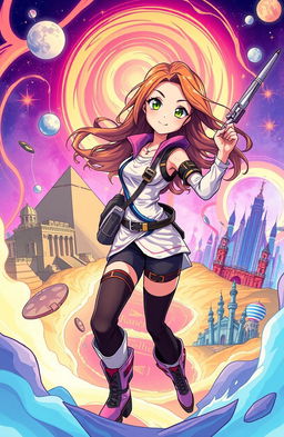 A vibrant illustration of a young woman traveling through time