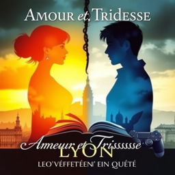 A visually striking book cover for "Amour et Tristesse: L'Histoire de Deux Âmes en Quête" that captures the duality between love and heartbreak, with bright, warm colors on one side symbolizing Camille (yellows and oranges) and darker, cool colors on the other side representing Antoine (blues and grays)