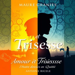 A visually striking book cover for "Amour et Tristesse: L'Histoire de Deux Âmes en Quête" that captures the duality between love and heartbreak, with bright, warm colors on one side symbolizing Camille (yellows and oranges) and darker, cool colors on the other side representing Antoine (blues and grays)
