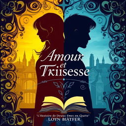 A visually striking book cover for "Amour et Tristesse: L'Histoire de Deux Âmes en Quête" that captures the duality between love and heartbreak, with bright, warm colors on one side symbolizing Camille (yellows and oranges) and darker, cool colors on the other side representing Antoine (blues and grays)