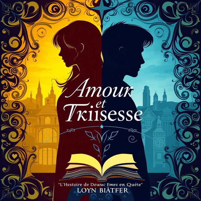 A visually striking book cover for "Amour et Tristesse: L'Histoire de Deux Âmes en Quête" that captures the duality between love and heartbreak, with bright, warm colors on one side symbolizing Camille (yellows and oranges) and darker, cool colors on the other side representing Antoine (blues and grays)