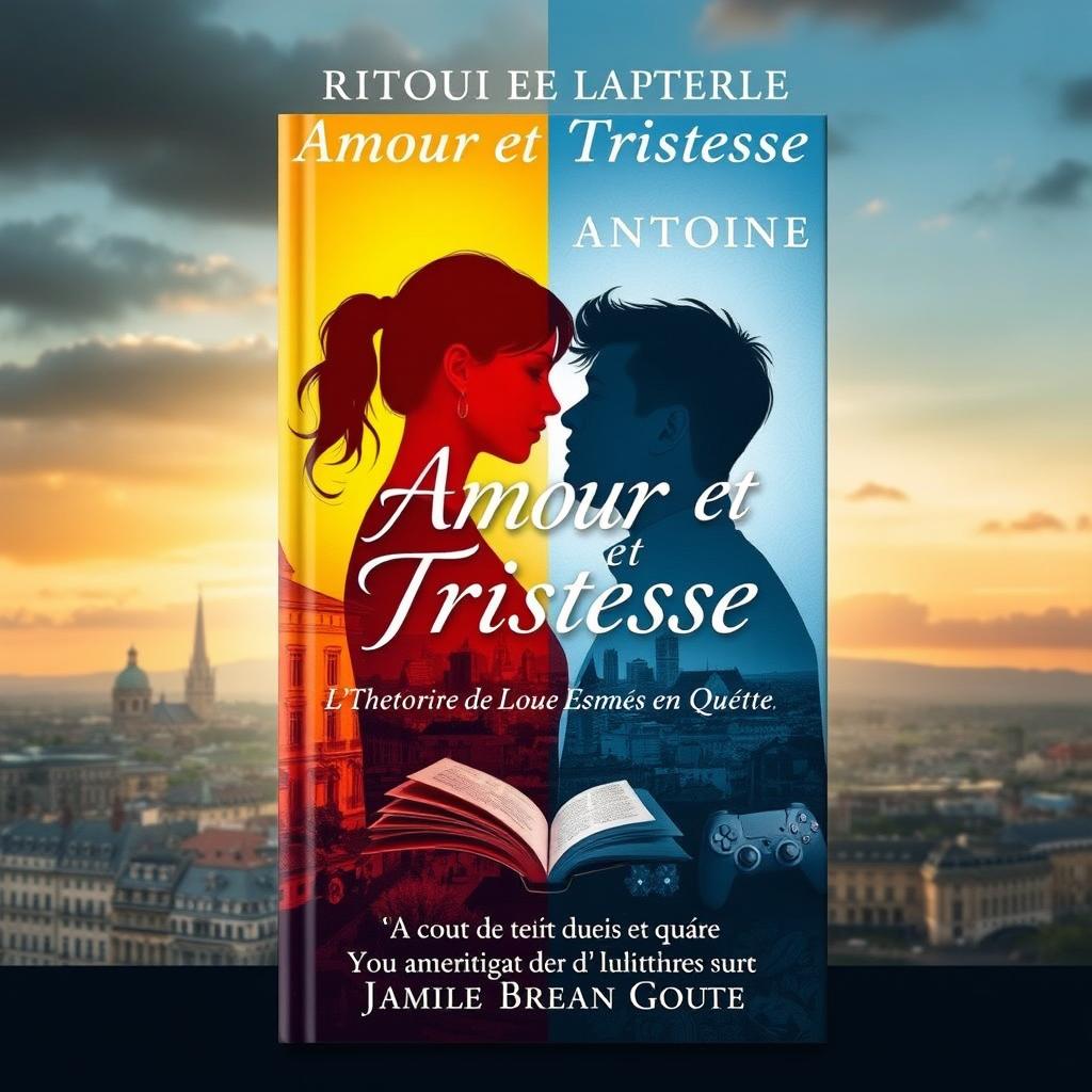 A visually striking book cover for "Amour et Tristesse: L'Histoire de Deux Âmes en Quête" that captures the duality between love and heartbreak, with bright, warm colors on one side symbolizing Camille (yellows and oranges) and darker, cool colors on the other side representing Antoine (blues and grays)