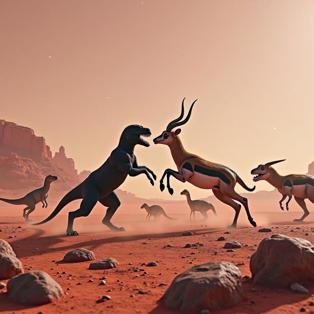 An epic and surreal scene on the surface of Mars featuring a springbok and an all-black creature engaging in a fierce battle