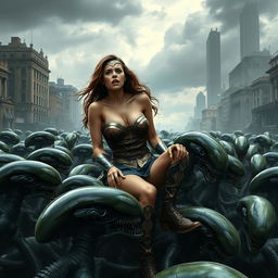 A terrified and busty portrayal of a superheroine resembling Wonder Woman with features like Emma Watson, showcasing big cleavage and wearing tattered clothes that convey her dire situation