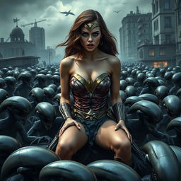 A terrified and busty portrayal of a superheroine resembling Wonder Woman with features like Emma Watson, showcasing big cleavage and wearing tattered clothes that convey her dire situation