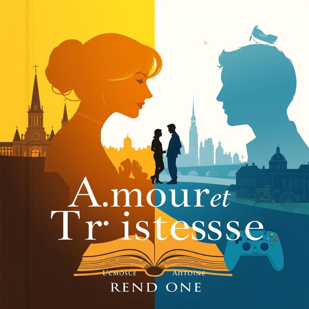 A book cover design for "Amour et Tristesse: L'Histoire de Deux Âmes en Quête" capturing the duality of love and heartbreak