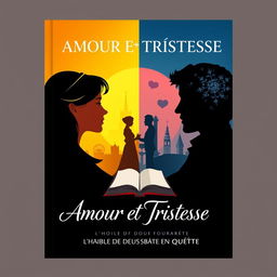 A book cover design for "Amour et Tristesse: L'Histoire de Deux Âmes en Quête" capturing the duality of love and heartbreak