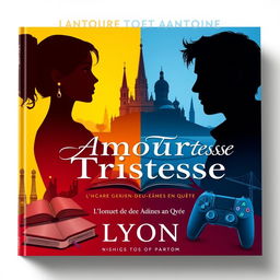 A book cover design for "Amour et Tristesse: L'Histoire de Deux Âmes en Quête" capturing the duality of love and heartbreak