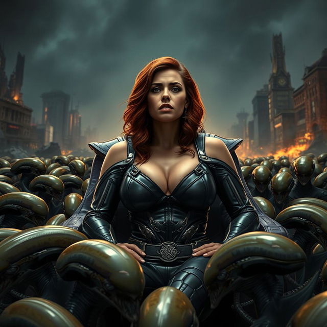 A terrified and sad portrayal of a busty superheroine resembling Black Widow, with features like Scarlett Johansson, showcasing big cleavage and conveying a sense of peril as she sits on the lap of Thanos