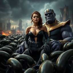 A terrified and sad portrayal of a busty superheroine resembling Black Widow, with features like Scarlett Johansson, showcasing big cleavage and conveying a sense of peril as she sits on the lap of Thanos