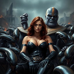 A terrified and sad portrayal of a busty superheroine resembling Black Widow, with features like Scarlett Johansson, showcasing big cleavage and conveying a sense of peril as she sits on the lap of Thanos