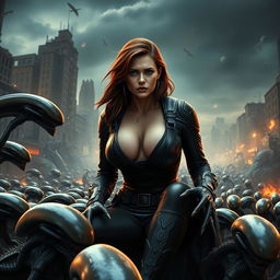 A terrified and sad portrayal of a busty superheroine resembling Black Widow, with features like Scarlett Johansson, showcasing big cleavage and conveying a sense of peril as she sits on the lap of Thanos